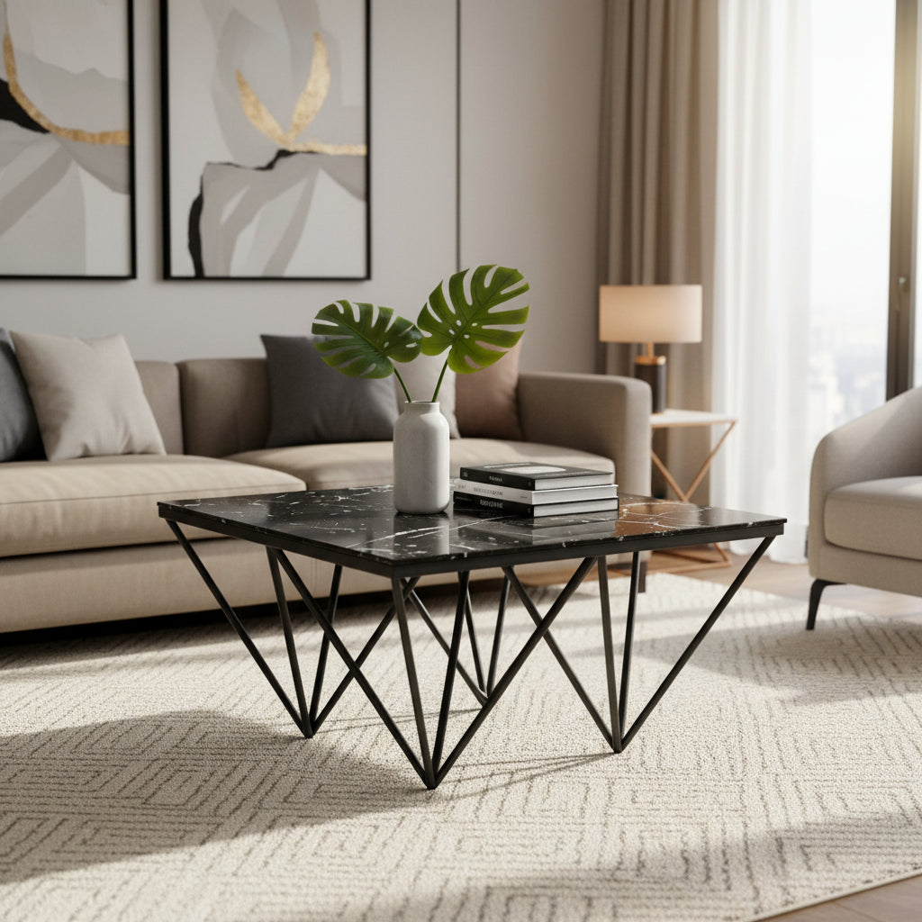 Table Basse carré GIZE pied métal noir et plateau en verre 80x80 cm - Marbré noir