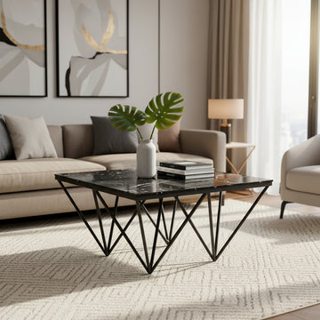 Table Basse carré GIZE pied métal noir et plateau en verre 80x80 cm - Marbré noir