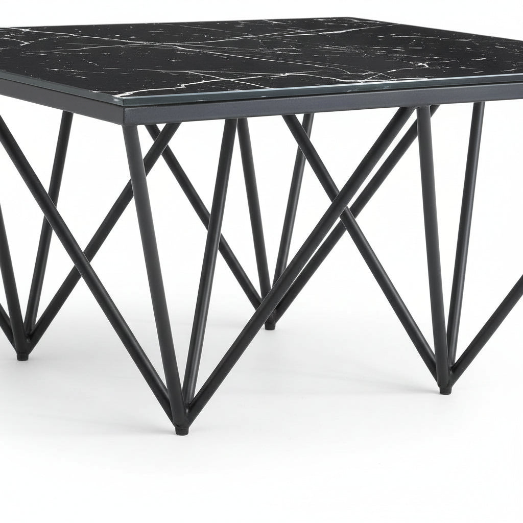 Table Basse carré GIZE pied métal noir et plateau en verre 80x80 cm - Marbré noir