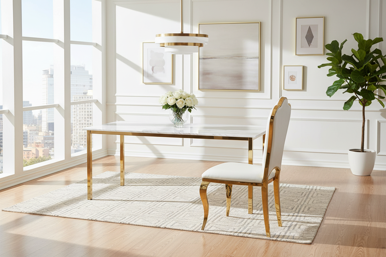 Lot 4 Chaises Salle à Manger Sakura Prestige Simili Cuir Blanc Pieds Gold 61x48x107cm