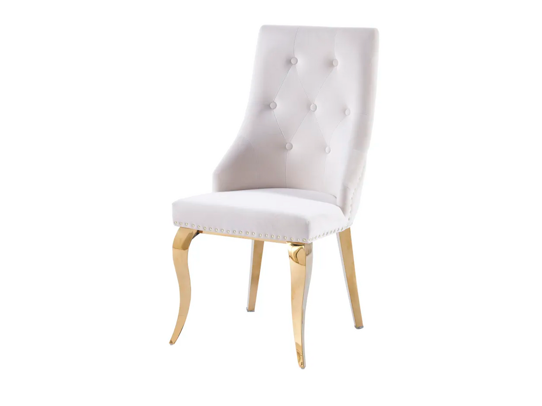 Lot 2 Chaises Salle à Manger Anneau Velours Écru Capitonnées Cloutées Pieds Gold