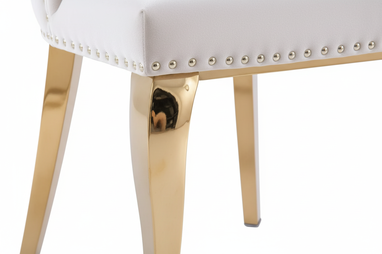 Lot 2 Chaises Salle à Manger Anneau Velours Écru Capitonnées Cloutées Pieds Gold