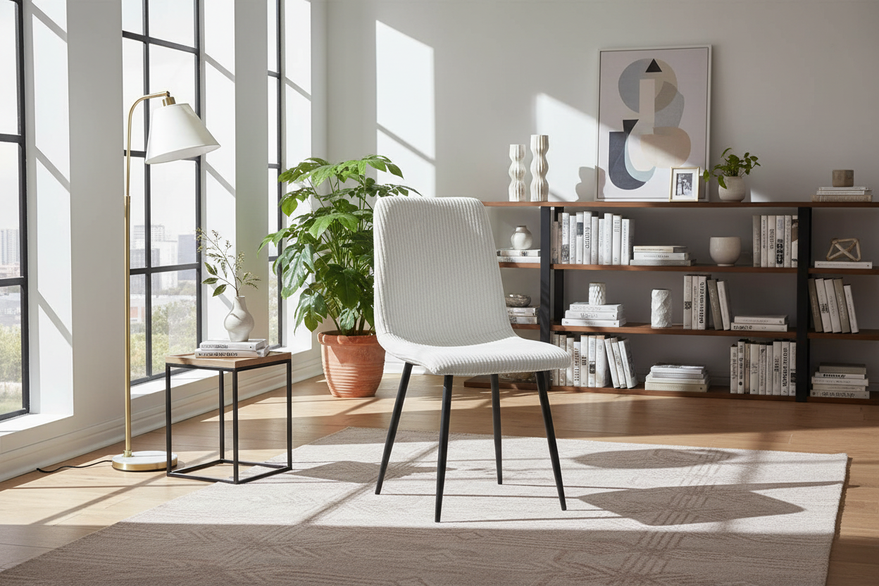 Lot 4 Chaises Salle à Manger Bobby Velours Côtelé Blanc Cassé Pieds Métal Noir 52x44x87cm