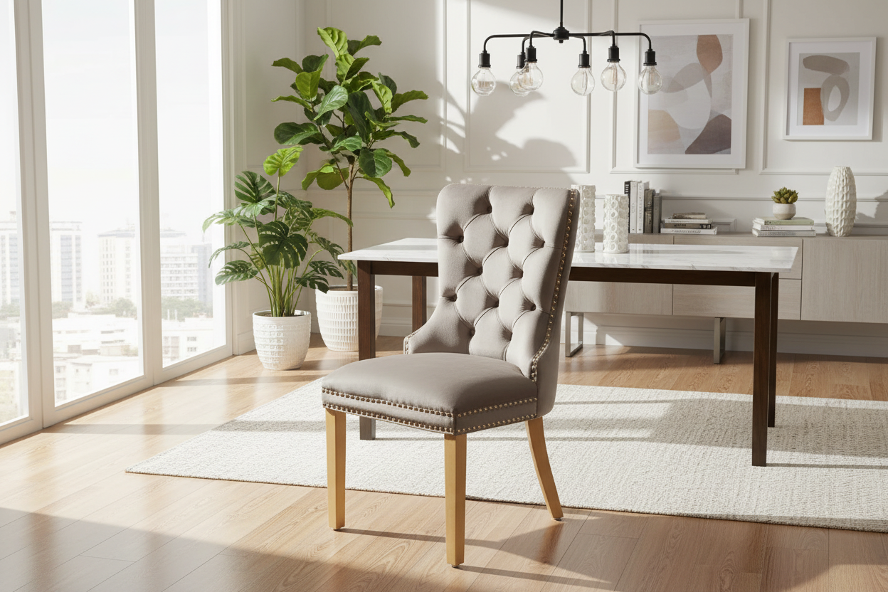 Lot 2 Chaises Salle à Manger Velours Moka Cloutées Pieds Gold POIGNÉE