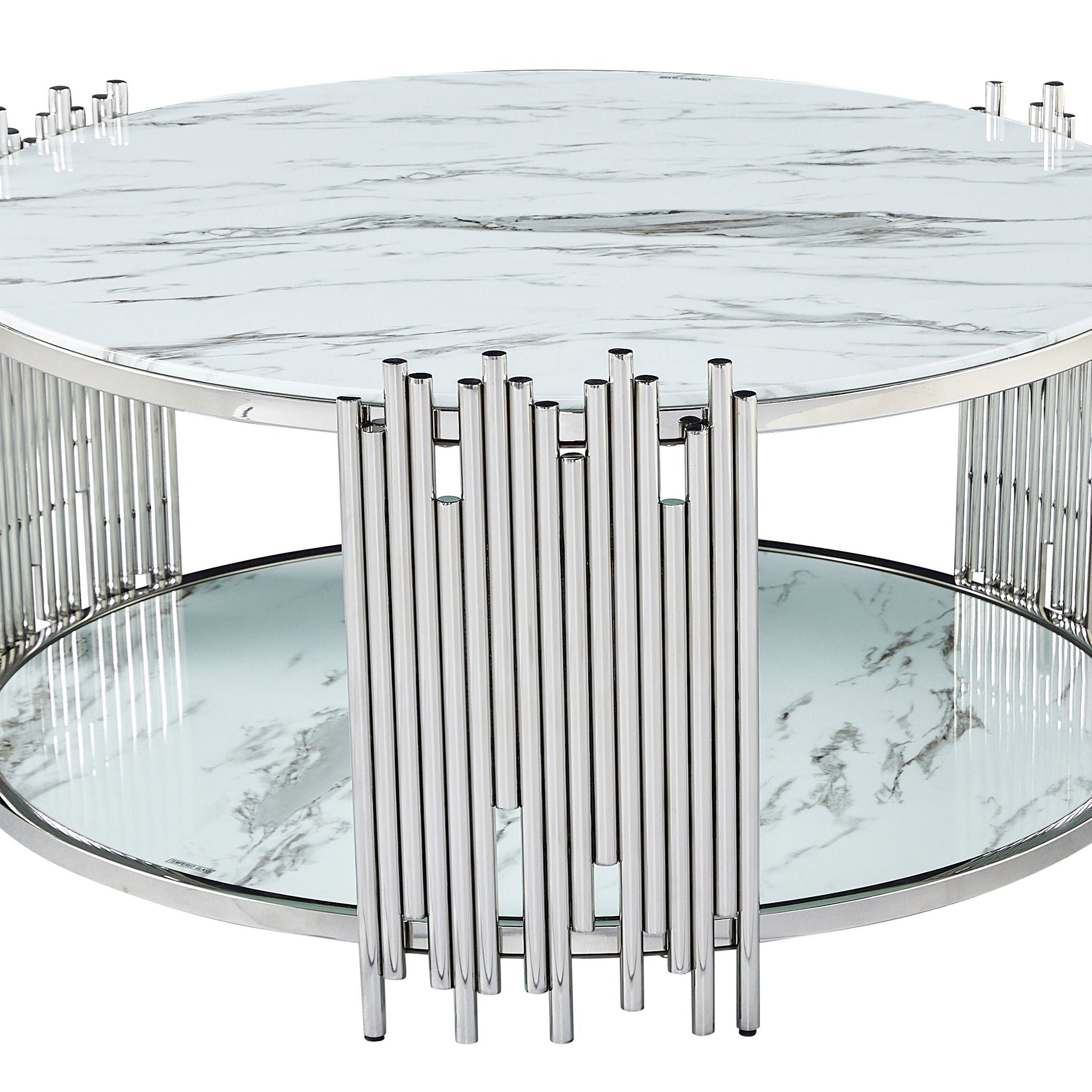 Table Basse ronde STICK Chrome et plateau en verre MARBRE BLANC D90 H45 cm