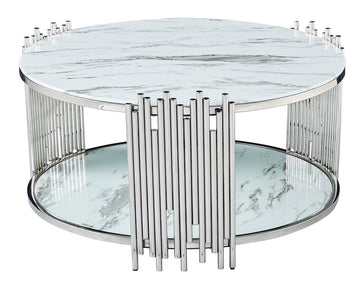 Table Basse ronde STICK Chrome et plateau en verre MARBRE BLANC D90 H45 cm