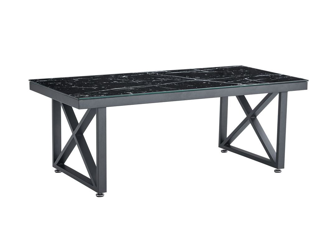 Table Basse LEVANTO Plateau Verre Trempé Marbré Noir Structure Métal Noir 120x60x45cm