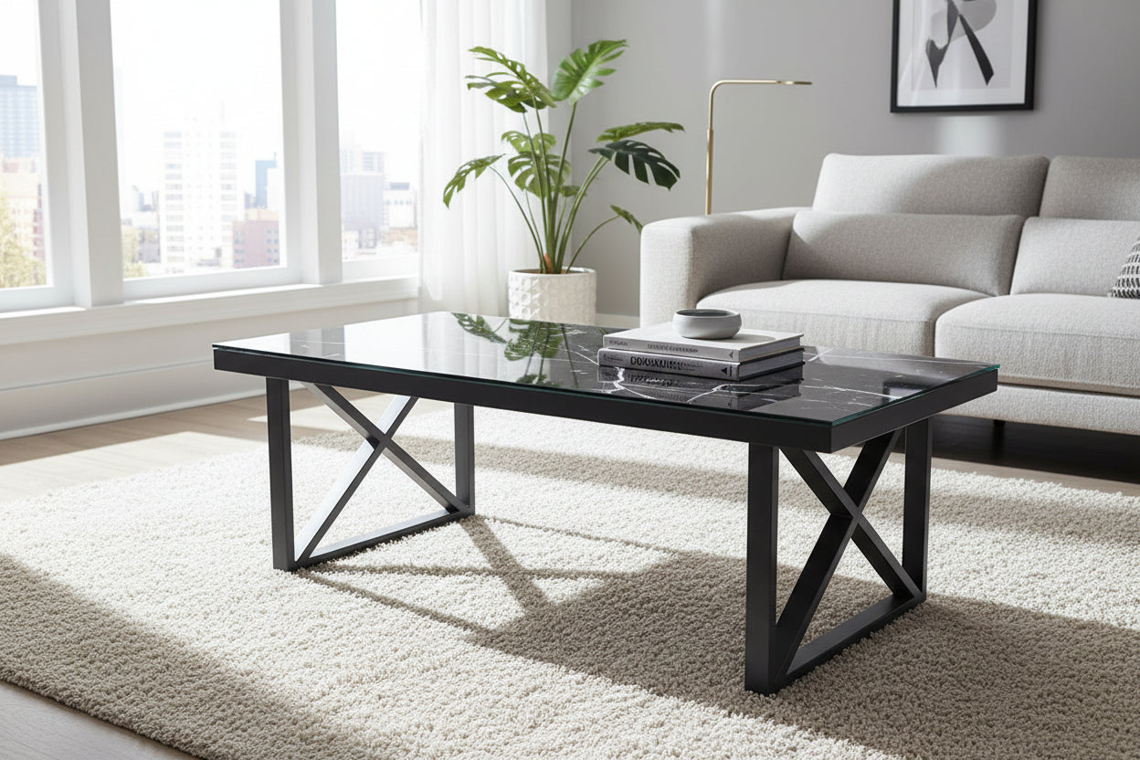 Table Basse LEVANTO Plateau Verre Trempé Marbré Noir Structure Métal Noir 120x60x45cm