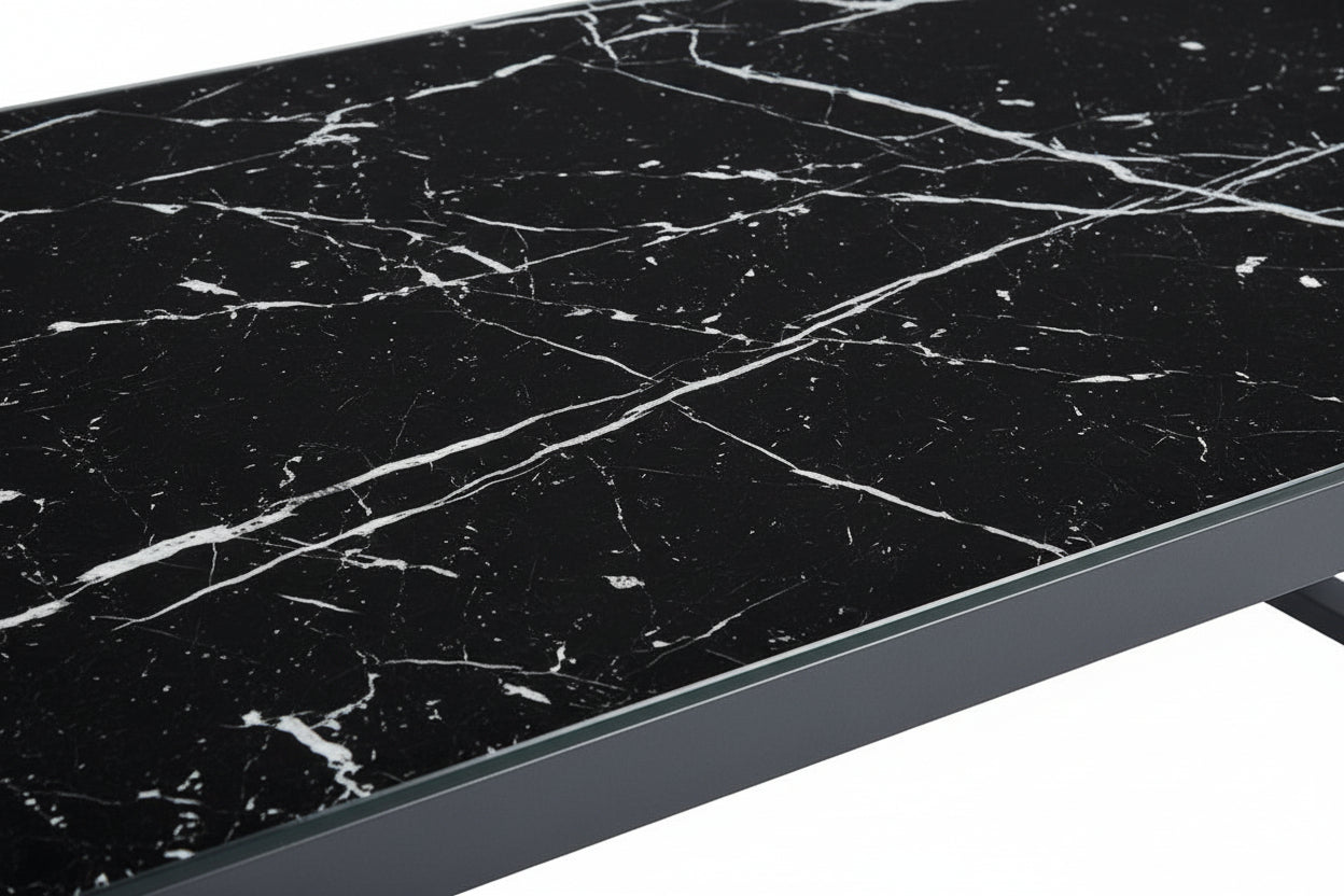 Table Basse LEVANTO Plateau Verre Trempé Marbré Noir Structure Métal Noir 120x60x45cm