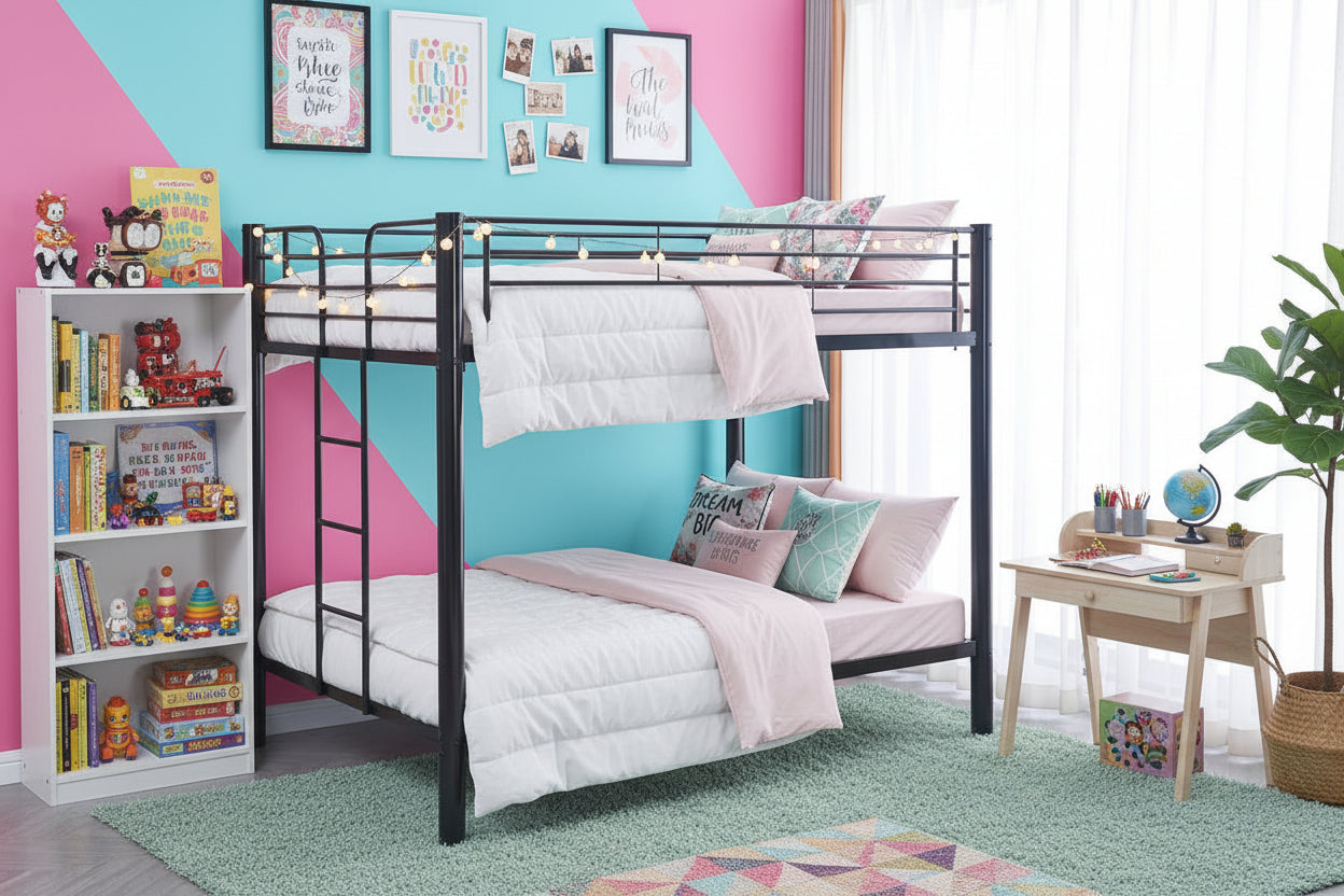 Pack Lit superposé en métal noir + matelas compris 4 places 140x190 cm sommier inclus COLOSSE