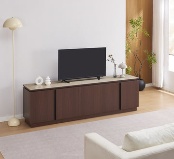 MEUBLE TV BAIETA MDF EFFET NOYER PLATEAU CÉRAMIQUE TRAVERTIN MAT 200 CM