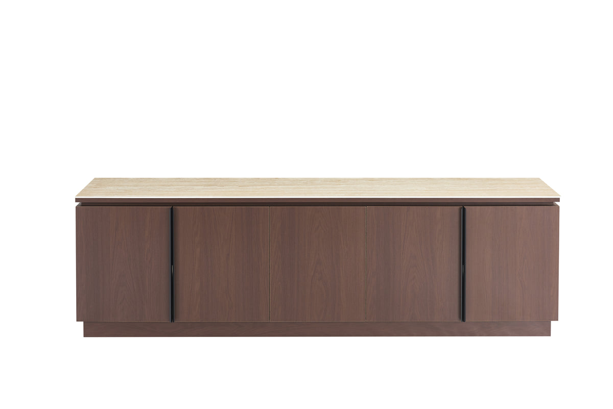 MEUBLE TV BAIETA MDF EFFET NOYER PLATEAU CÉRAMIQUE TRAVERTIN MAT 200 CM