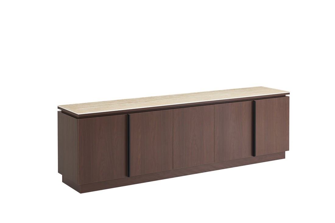 MEUBLE TV BAIETA MDF EFFET NOYER PLATEAU CÉRAMIQUE TRAVERTIN MAT 200 CM
