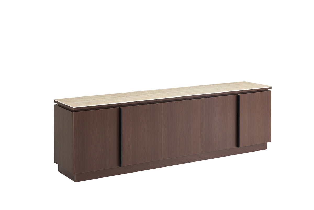 MEUBLE TV BAIETA MDF EFFET NOYER PLATEAU CÉRAMIQUE TRAVERTIN MAT 200 CM