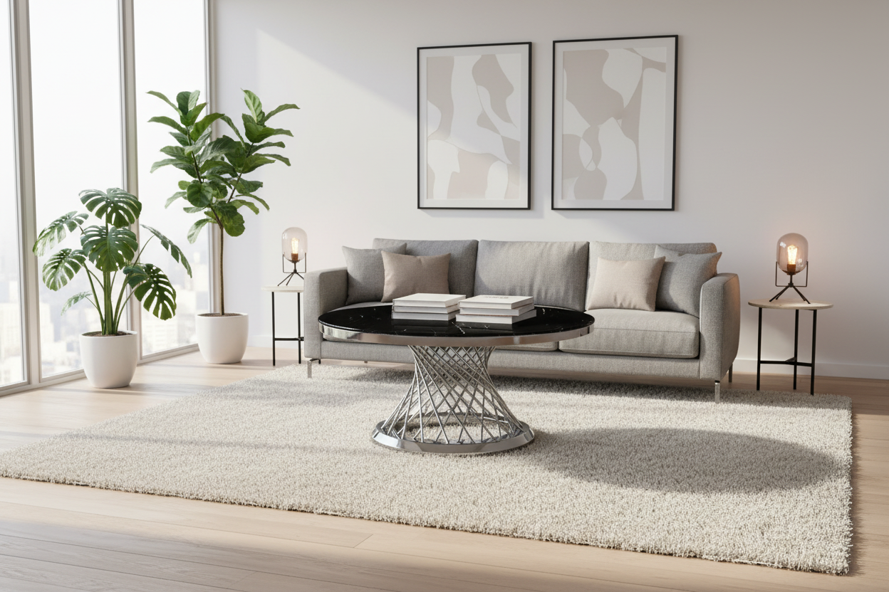 Table Basse DELUXE Ronde Plateau Verre Trempé Marbré Noir Structure Chrome D100x45cm