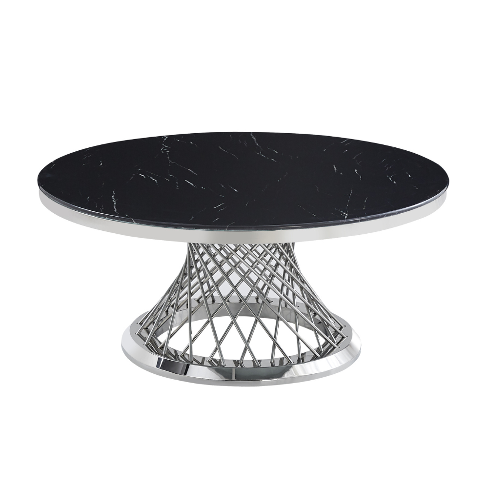 Table Basse DELUXE Ronde Plateau Verre Trempé Marbré Noir Structure Chrome D100x45cm