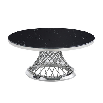 Table Basse DELUXE Ronde Plateau Verre Trempé Marbré Noir Structure Chrome D100x45cm