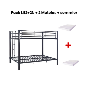 Pack Lit superposé en métal noir + matelas compris 4 places 2+2 COLOSSE 140x190 cm sommier inclus