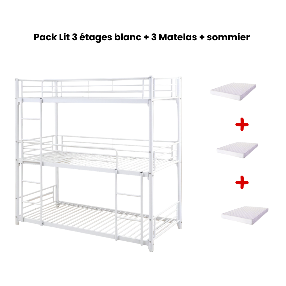 Pack Lit superposé en métal blanc 3 couchages 90x190 avec matelas TRIPLE