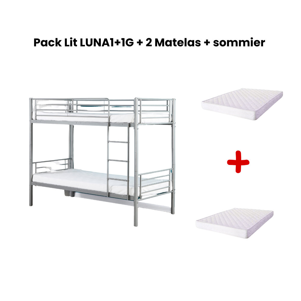 Pack Lit superposé séparable métal 2 couchages 90x190 cm gris + matelas LUNA