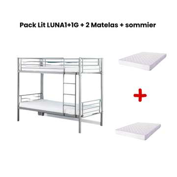 Pack Lit superposé séparable métal 2 couchages 90x190 cm gris + matelas LUNA