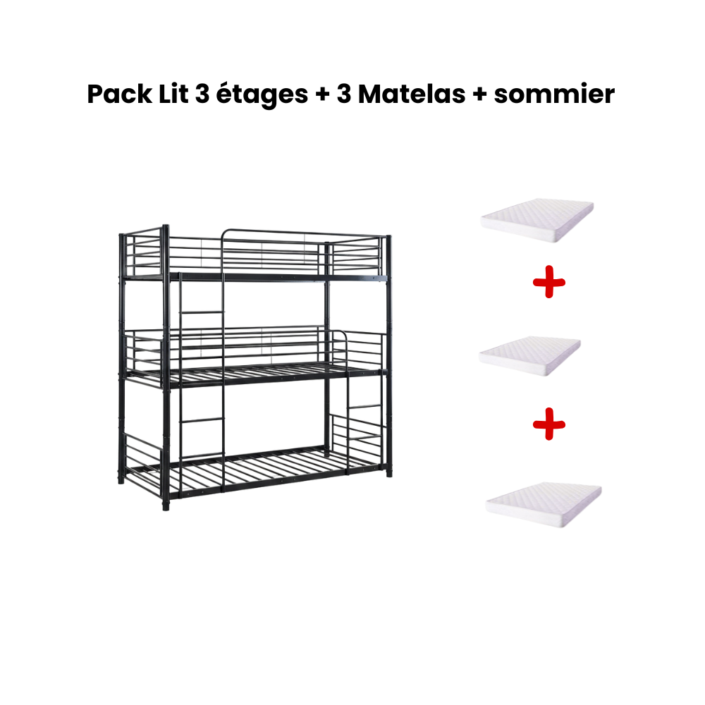 Pack Lit superposé en métal noir 3 couchages 90x190 avec matelas TRIPLE
