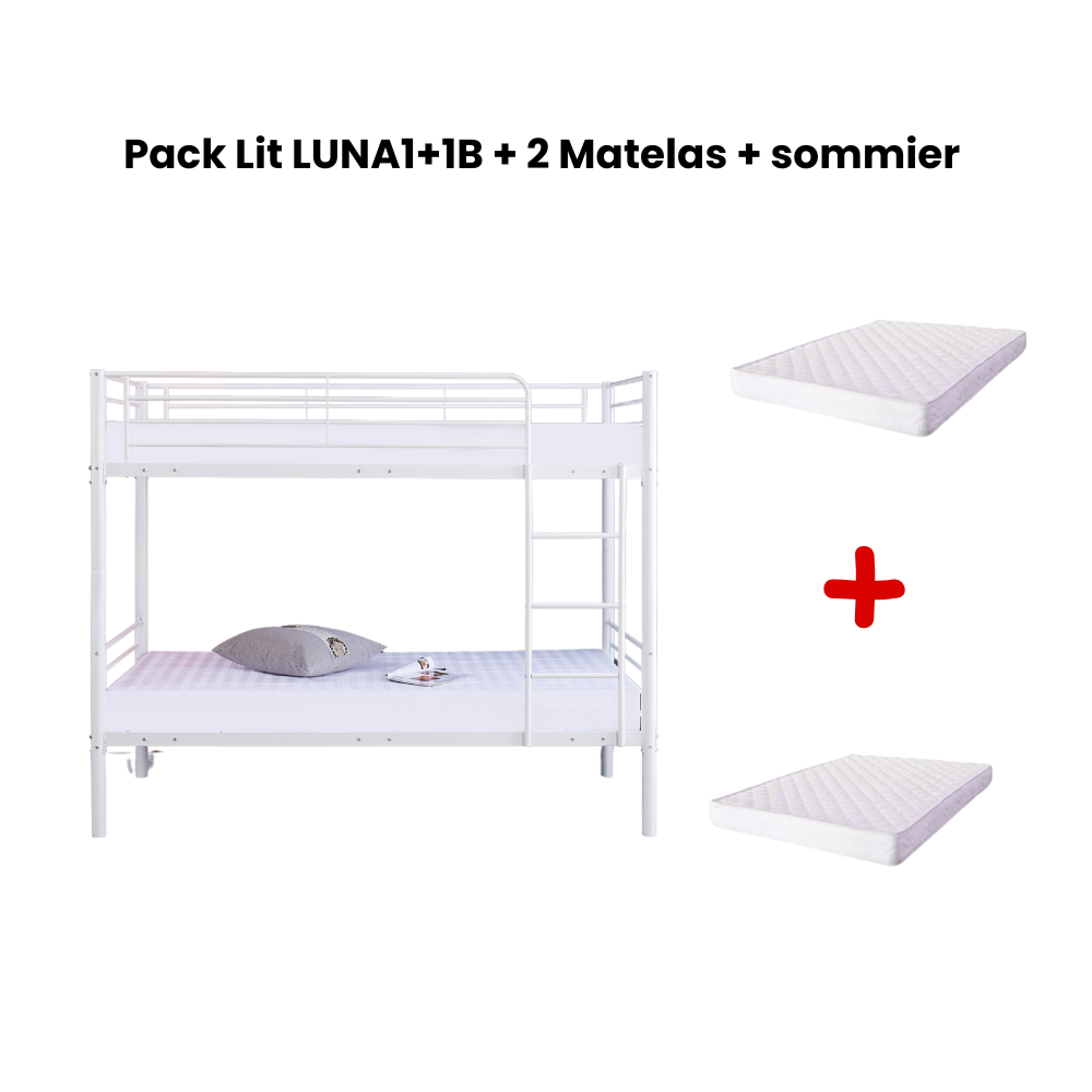 Pack Lit superposé séparable métal 2 couchages 90x190 cm blanc + 2 matelas LUNA