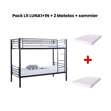 Pack Lit superposé séparable métal 2 couchages 90x190 cm noir + matelas LUNA
