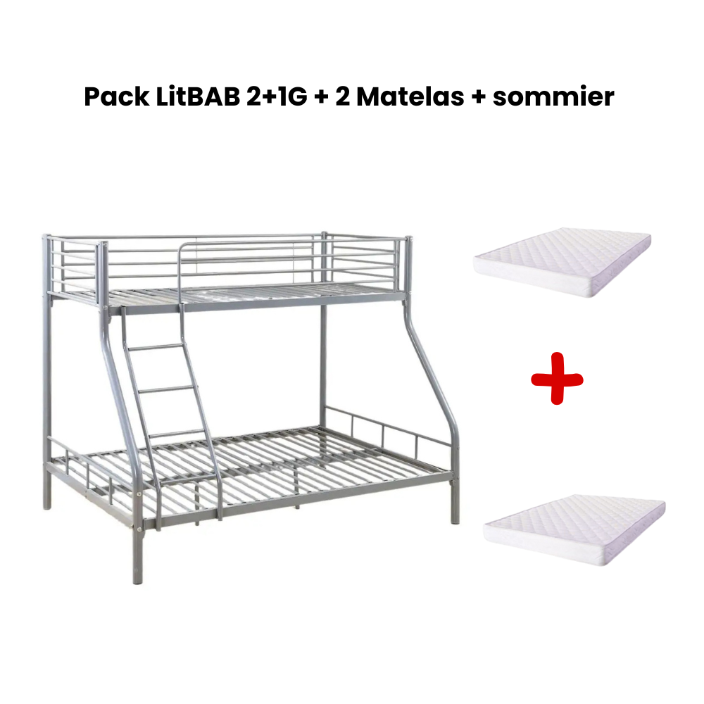 Pack Lit superposé 3 places + Matelas compris 2+1 métal COSTO sommier inclus #Couleur_gris