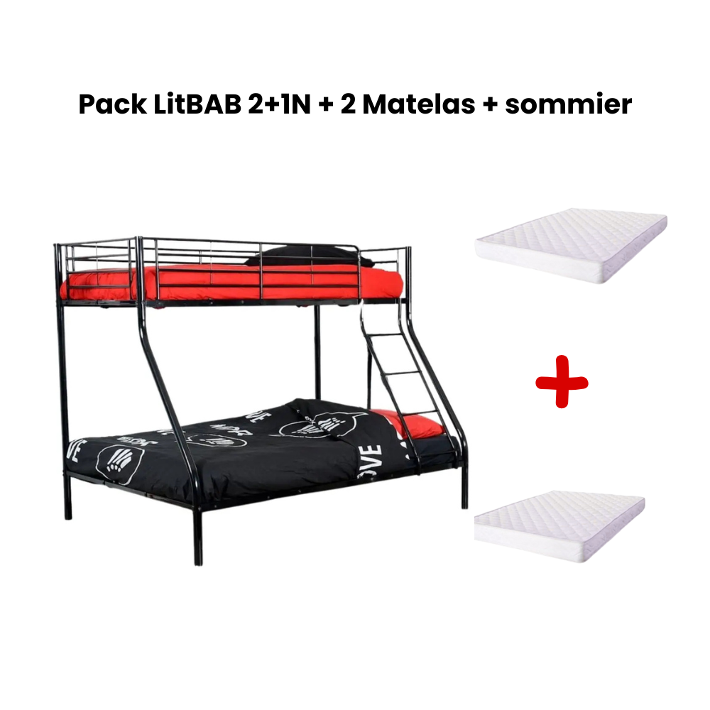 Pack Lit superposé 3 places + Matelas compris 2+1 métal COSTO sommier inclus #Couleur_noir