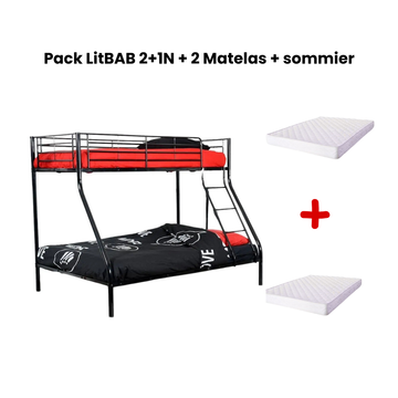 Pack Lit superposé 3 places + Matelas compris 2+1 métal COSTO sommier inclus #Couleur_noir