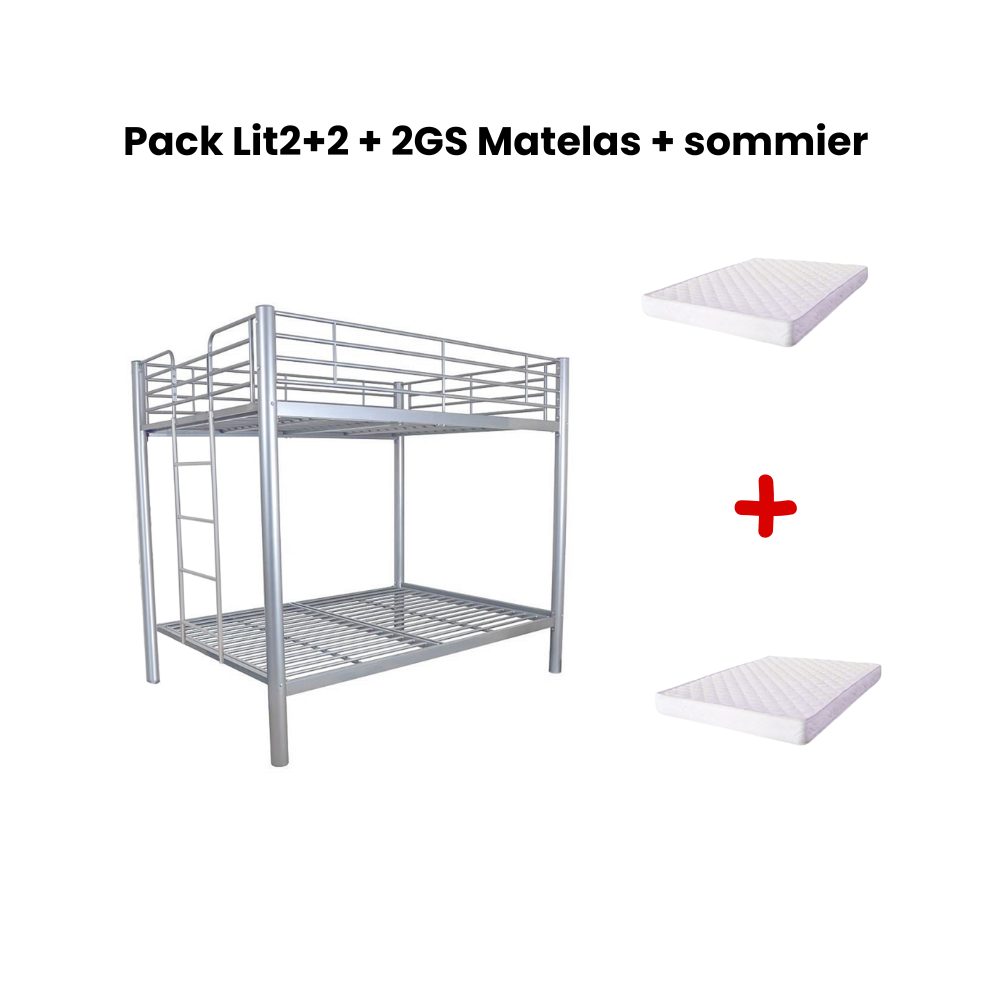 Pack Lit superposé en métal gris + matelas compris 4 places 2+2 COLOSSE 140x190 cm sommier inclus