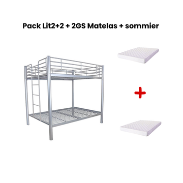 Pack Lit superposé en métal gris + matelas compris 4 places 2+2 COLOSSE 140x190 cm sommier inclus