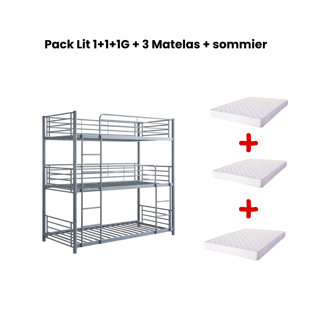 Pack Lit superposé en métal gris 3 couchages 90x190 avec matelas TRIPLE