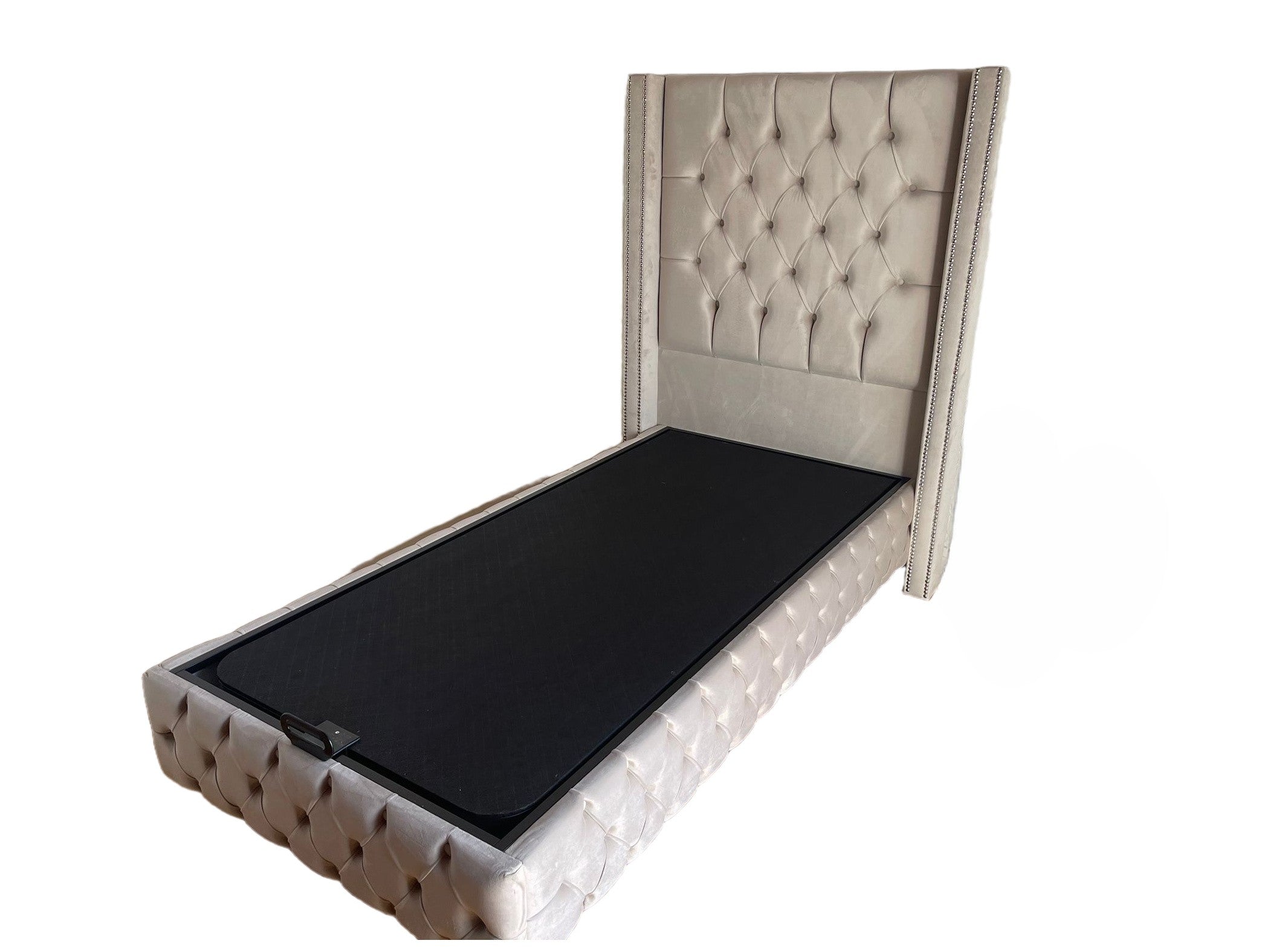 Lit Coffre BOX – Clouté – Velours – 90x190 cm – Avec sommier inclus