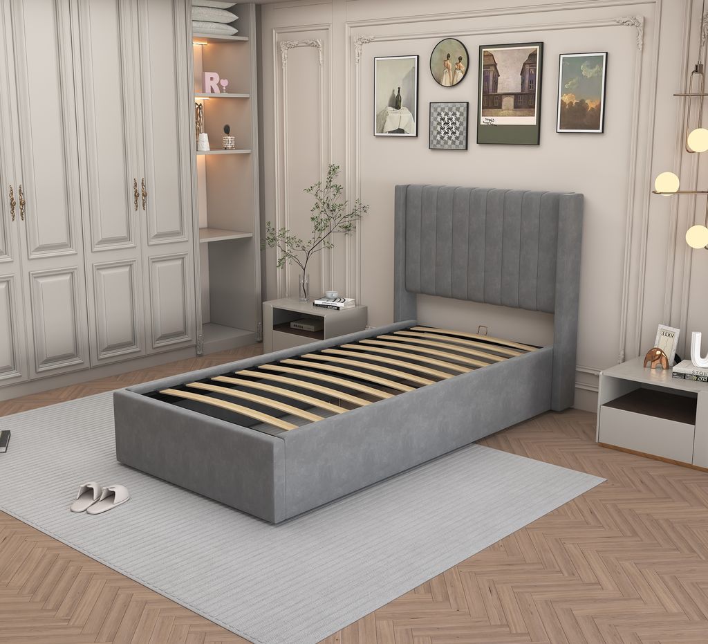 LIT COFFRE CAMILLE en velours GRIS 90X190CM