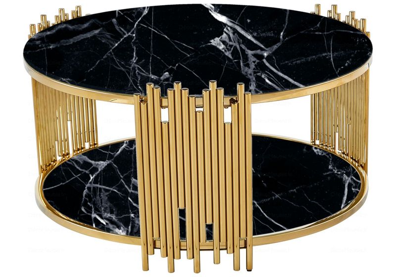 Table Basse ronde STICK Gold et plateau en verre MARBRE NOIR D90 H45 cm