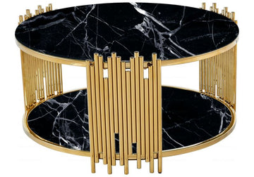 Table Basse ronde STICK Gold et plateau en verre MARBRE NOIR D90 H45 cm