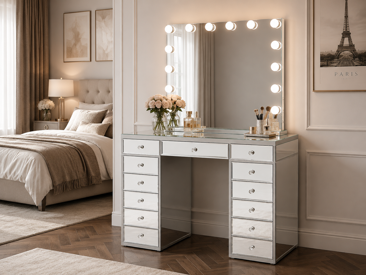 Coiffeuse miroir avec LED et tiroirs - finition miroir 130 cm