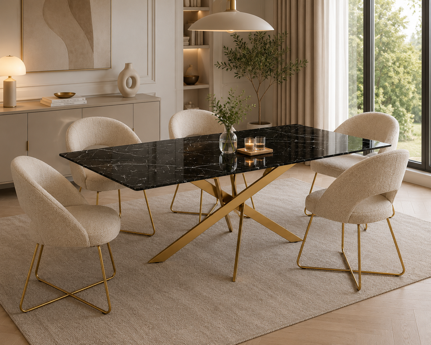 Table Repas JESSICA Gold et plateau en verre 150 cm 4 à 6 couverts - Effet marbré noir