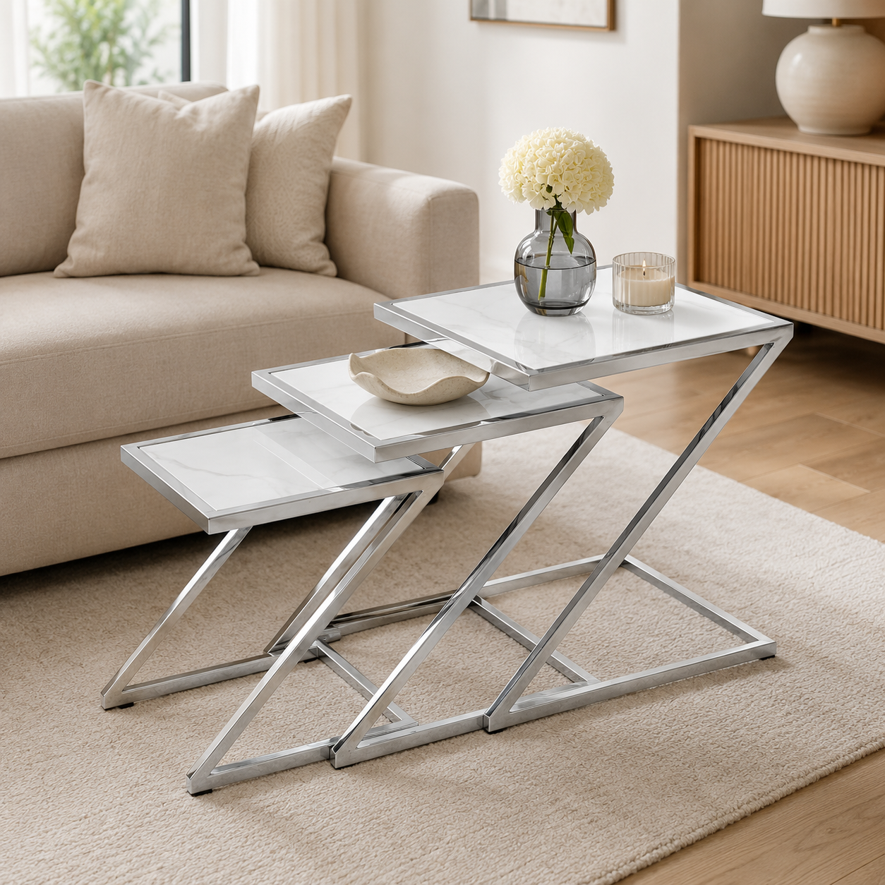 Guéridon Gigogne Z Chrome & Céramique Marbre Blanc – 45x45 / 40x40 / 35x35 cm #couleur_marbre_blanc