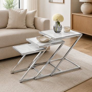 Guéridon Gigogne Z Chrome & Céramique Marbre Blanc – 45x45 / 40x40 / 35x35 cm #couleur_marbre_blanc