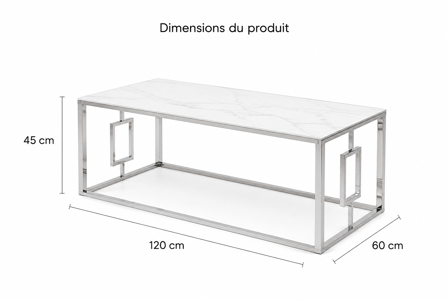 Table basse SOPHIE  pieds Chromé plateau en marbré blanc  120 cm