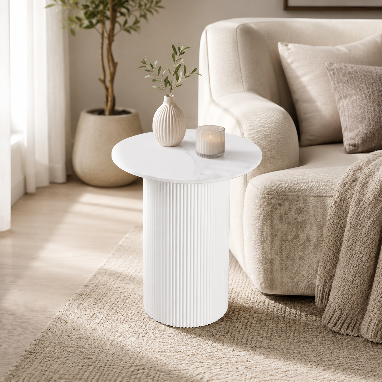 Guéridon bout de canapé rond marbre blanc pied beige #couleur_marbre_blanc