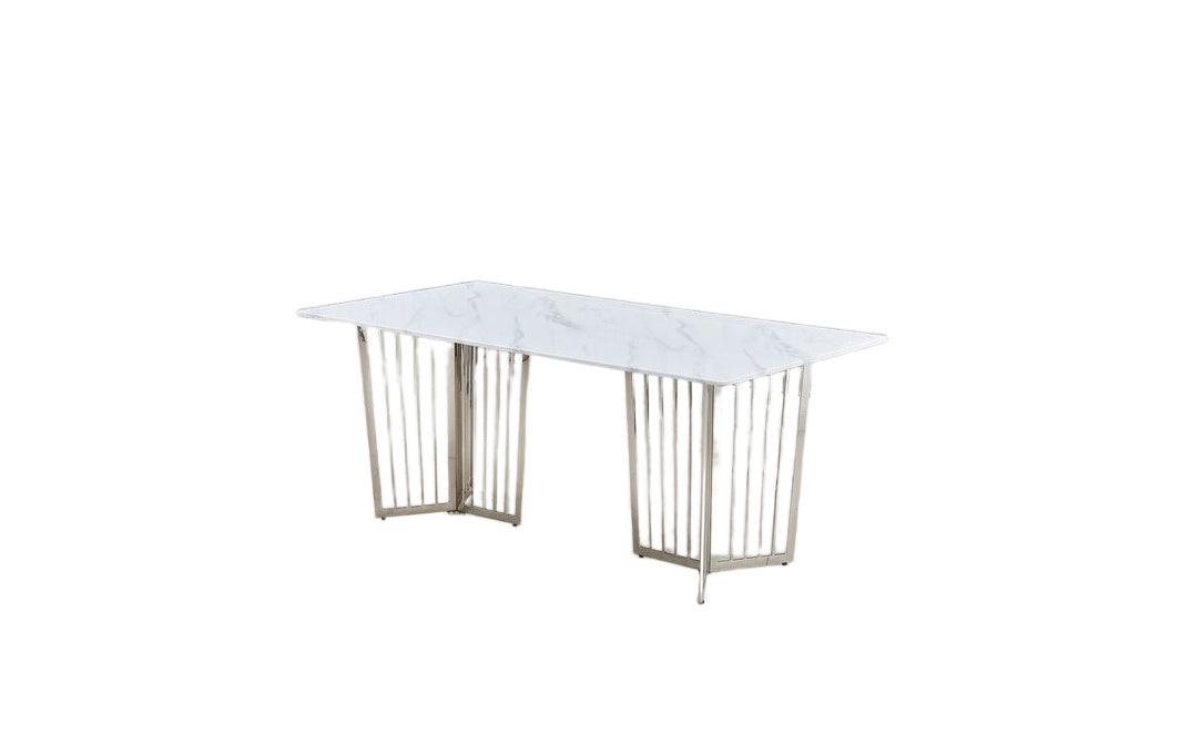 Table à Manger en Granite Marbré Blanc & Pieds Chrome – 180×90 cm – PAPILLON