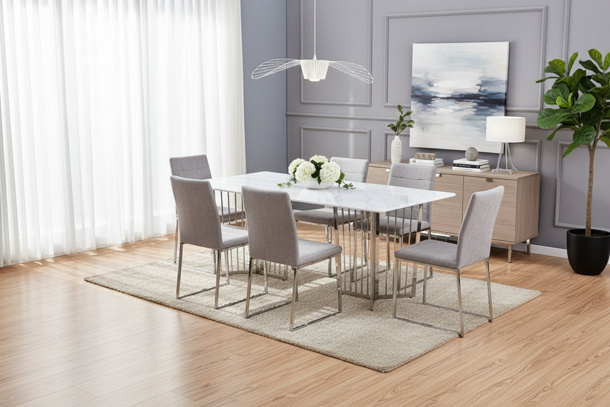 Table à Manger en Granite Marbré Blanc & Pieds Chrome – 180×90 cm – PAPILLON