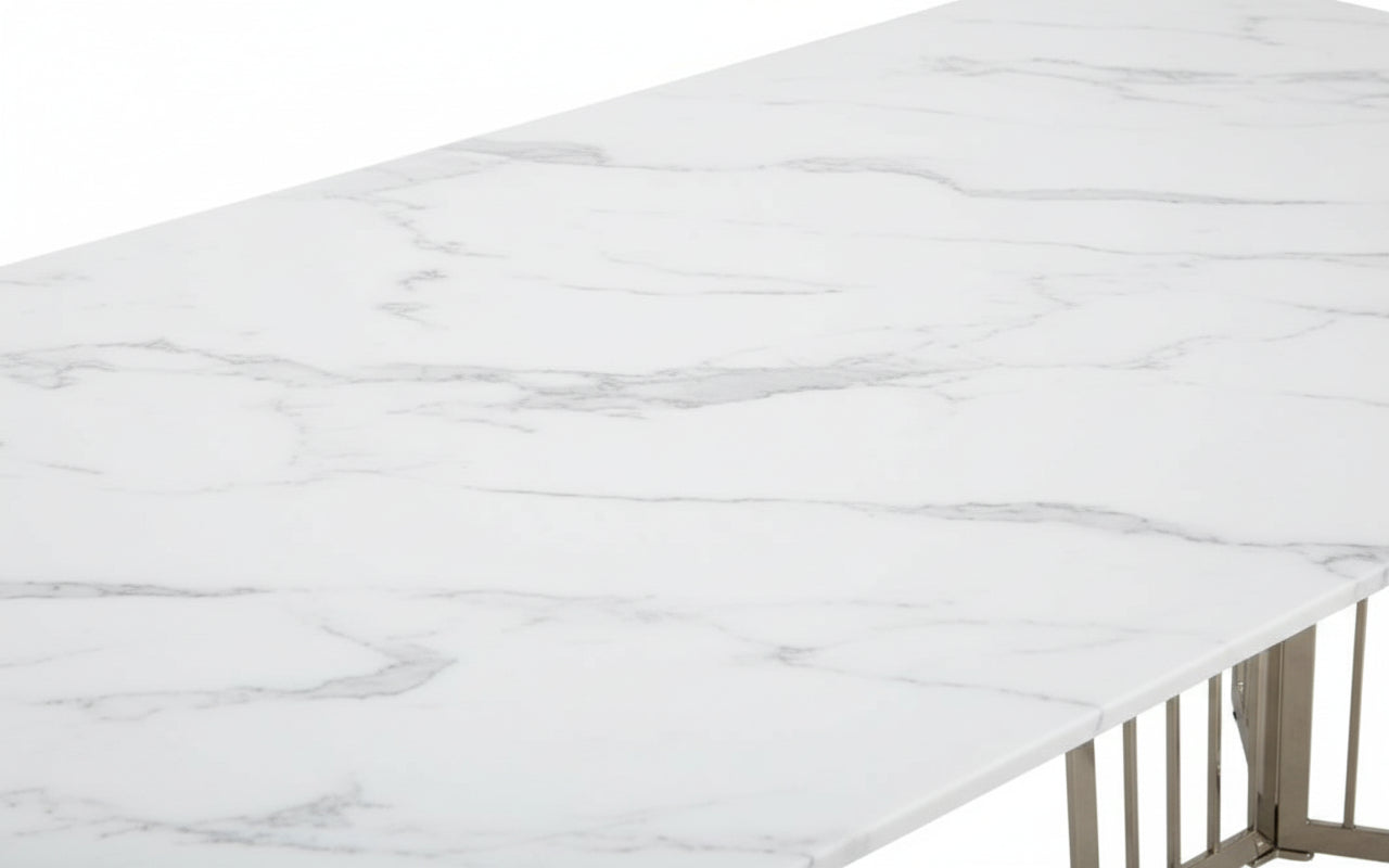 Table à Manger en Granite Marbré Blanc & Pieds Chrome – 180×90 cm – PAPILLON