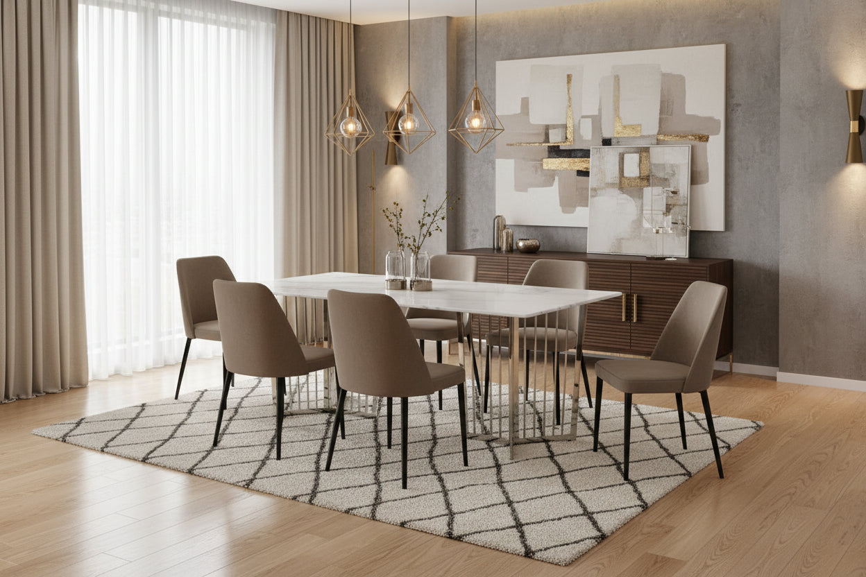 Table à Manger en Granite Marbré Blanc & Pieds Chrome – 180×90 cm – PAPILLON