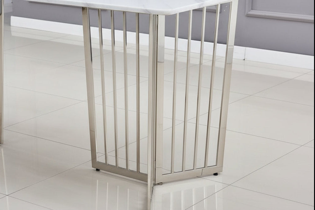 Table à Manger en Granite Marbré Blanc & Pieds Chrome – 180×90 cm – PAPILLON