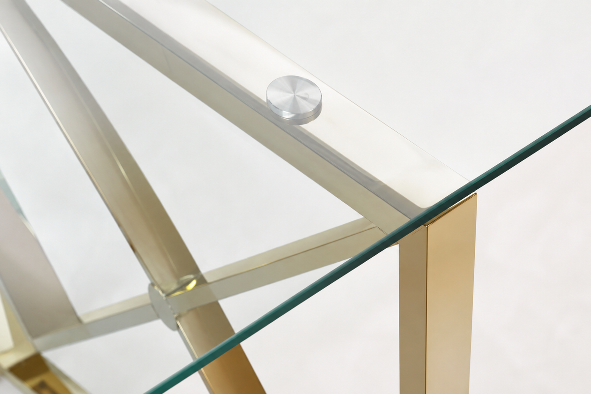 Table à manger verre transparent pied métal doré 180x90 cm KENSY